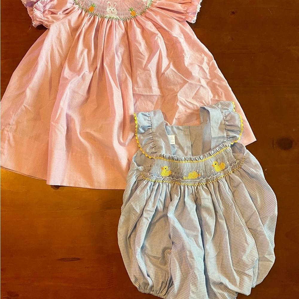 Edgehill Collection Easter Pink Bunny Dress and Blue Duck Romper